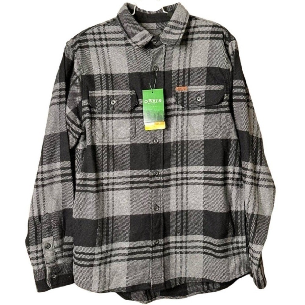 NWT Heavyweight Brushed Black Plaid Outdoor Button Flannel Shirt Orvis Men Small
